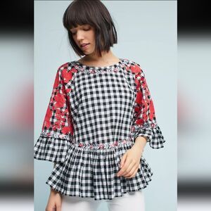 Pankaj & Nidhi Gingham Swing Tunic Black White Red Embroidery Size S